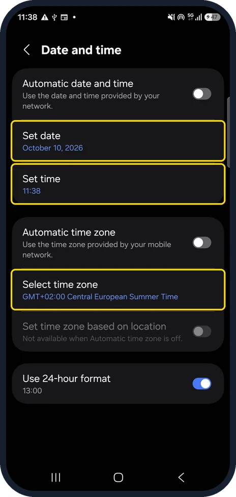 Android screenshot: Set it by hand if needed