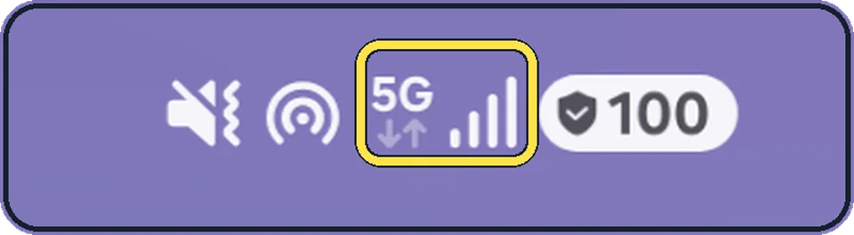 Android status bar, enlarged: 5G, two arrows and the bars: the mobile network