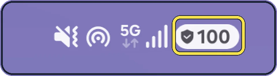 Android status bar, enlarged: Number with a shield: battery level and Battery protection