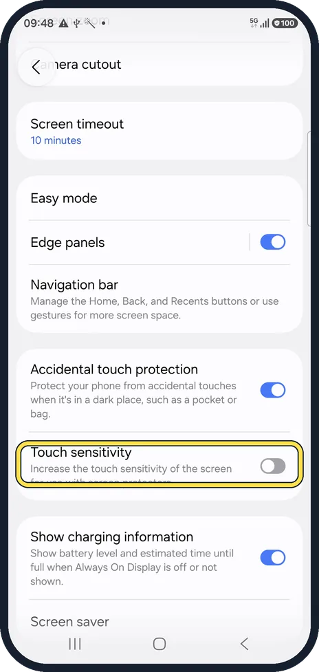 Android screenshot: Turn on Touch sensitivity