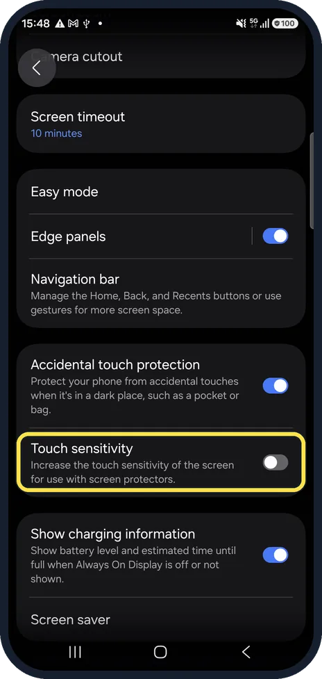 Android screenshot: Turn on Touch sensitivity