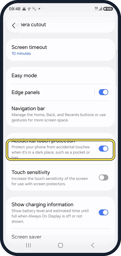 Android screenshot: Check Accidental touch protection