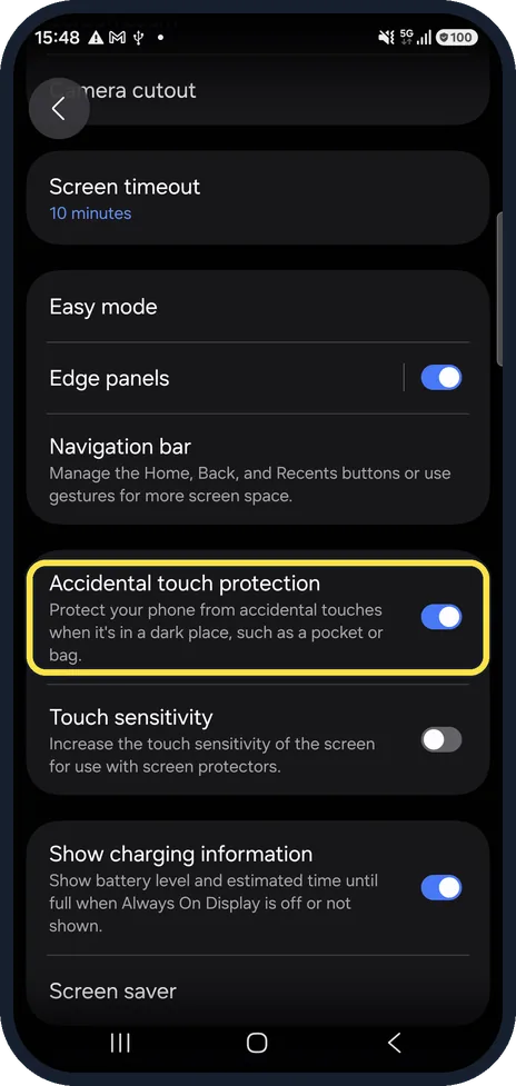 Android screenshot: Check Accidental touch protection