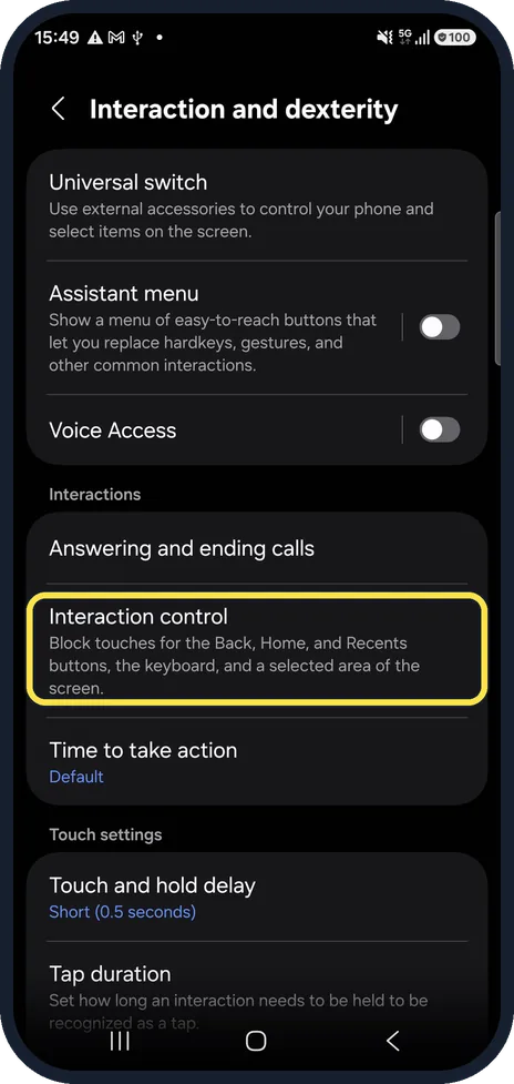 Android screenshot: Check Interaction control