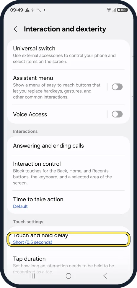 Android screenshot: Check Touch and hold delay