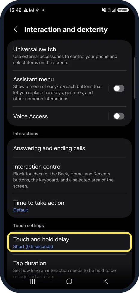 Android screenshot: Check Touch and hold delay