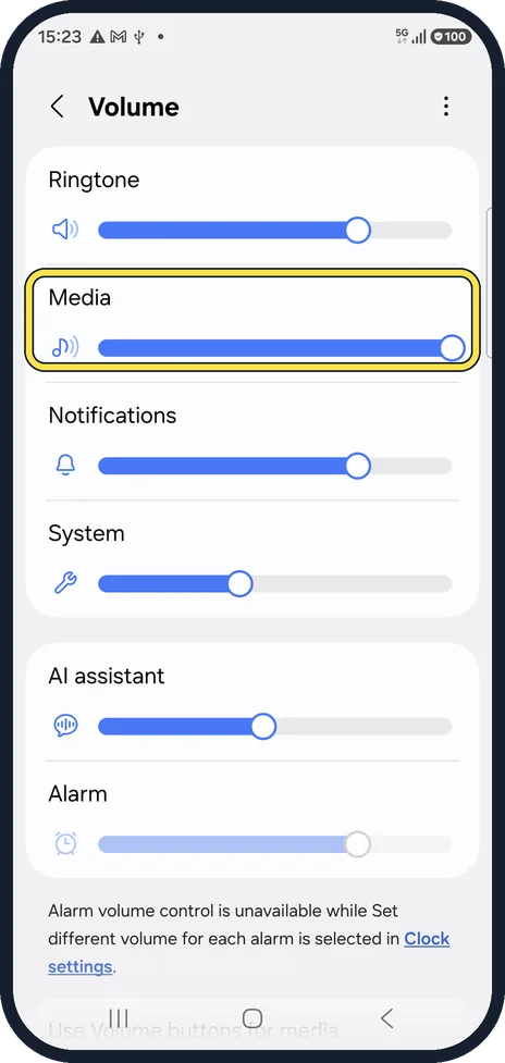 Android screenshot: Raise the Media slider