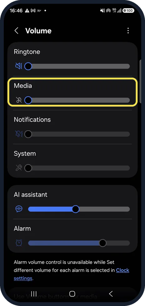 Android screenshot: Raise the Media slider