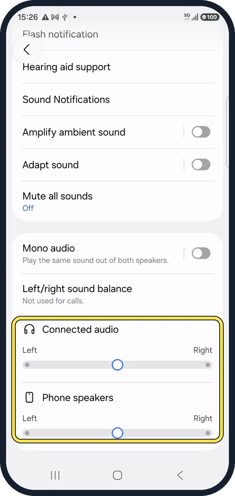Android screenshot: Center the left/right balance