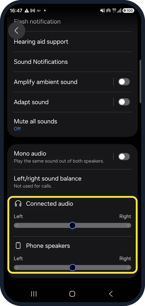 Android screenshot: Center the left/right balance