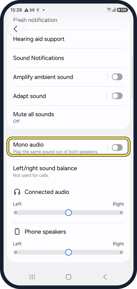 Android screenshot: Check Mono audio