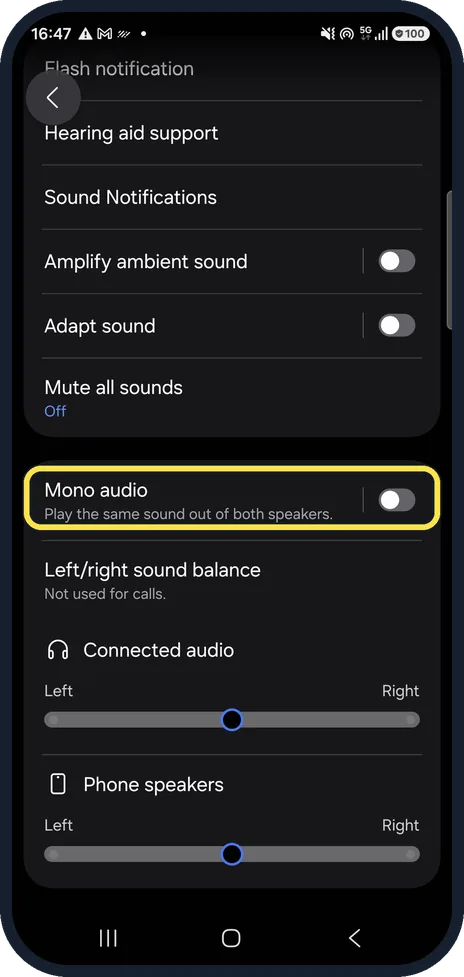 Android screenshot: Check Mono audio