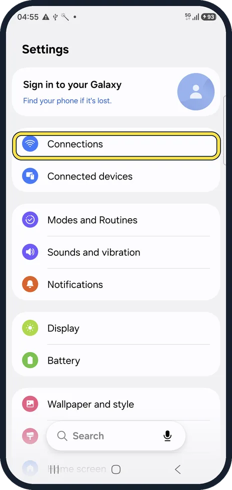 Android screenshot: Open Connections