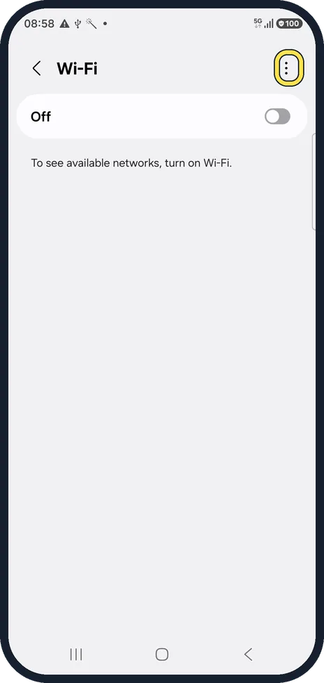 Android screenshot: Tap the three dots, then Intelligent Wi-Fi