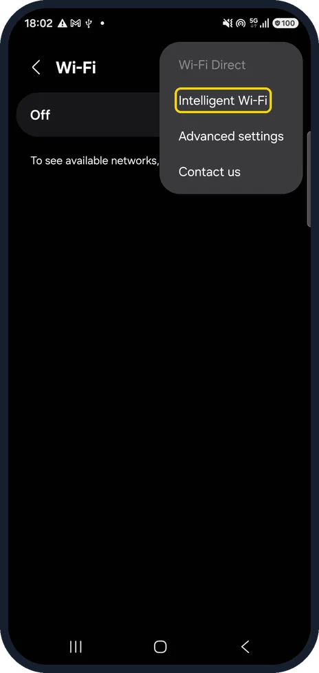 Android screenshot: Tap the three dots, then Intelligent Wi-Fi