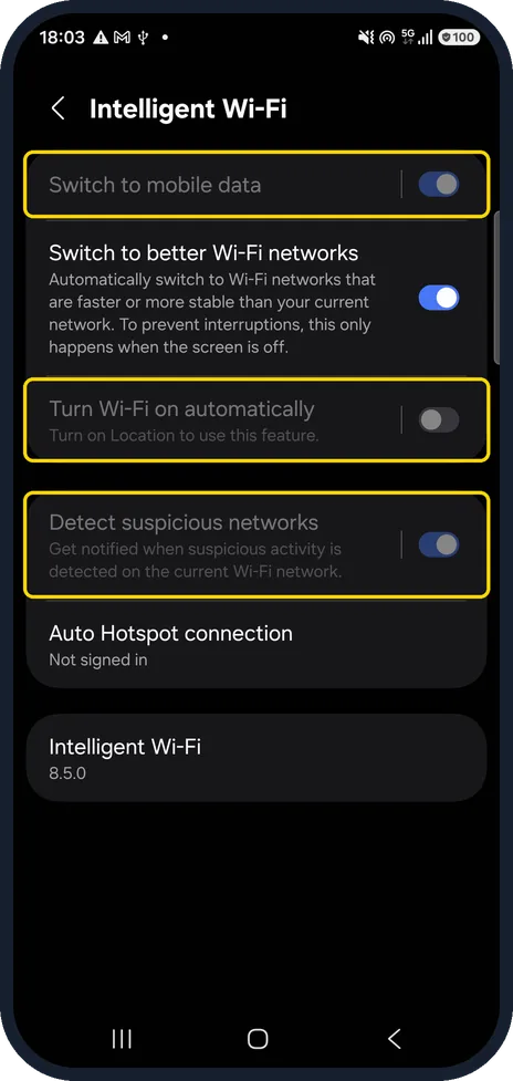 Android screenshot: Check Switch to mobile data