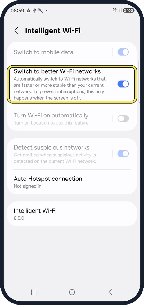 Android screenshot: Check Switch to better Wi-Fi networks