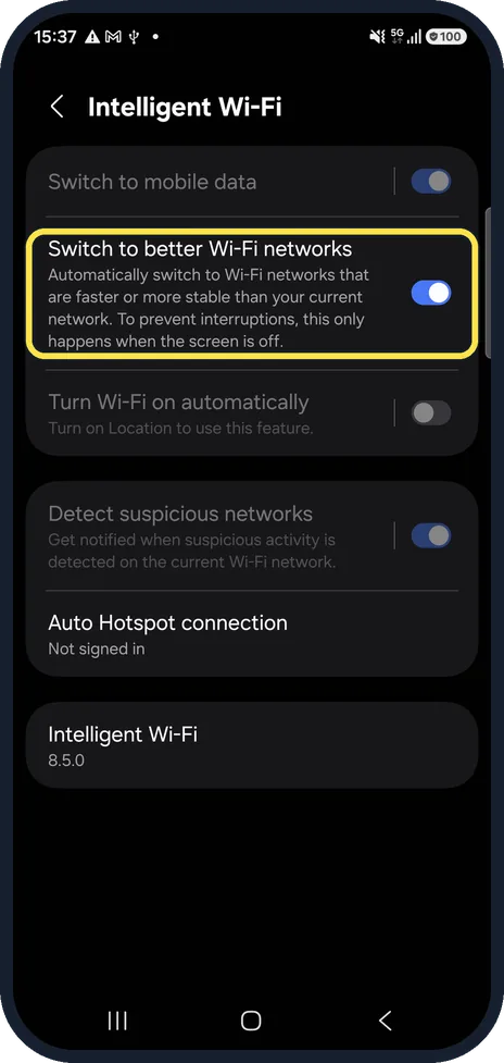 Android screenshot: Check Switch to better Wi-Fi networks