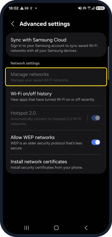 Android screenshot: Check your saved networks