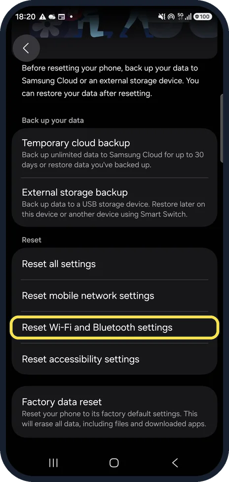 Android screenshot: Reset Wi-Fi and Bluetooth settings