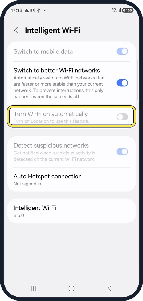 Screenshot from the guide: Samsung Galaxy Wi-Fi turning on by itself? What to check