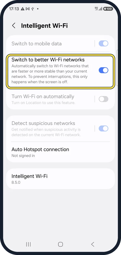Android screenshot: Check Switch to better Wi-Fi networks