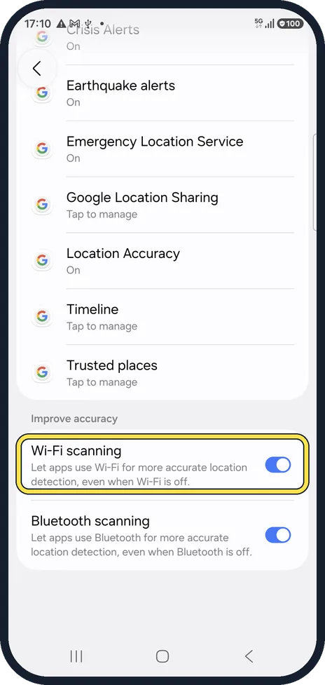 Android screenshot: Check Wi-Fi scanning