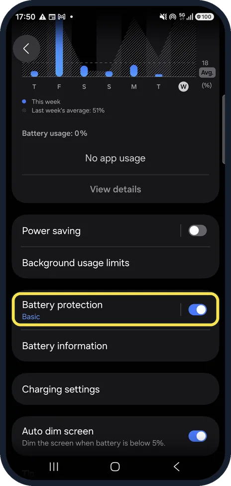 Android screenshot: Open Battery protection