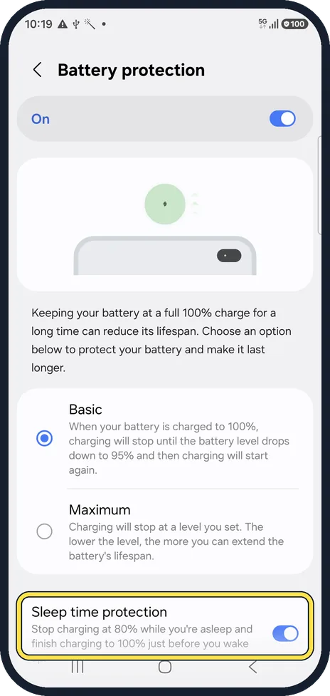 Android screenshot: Only 80% in the morning? Check Sleep time protection