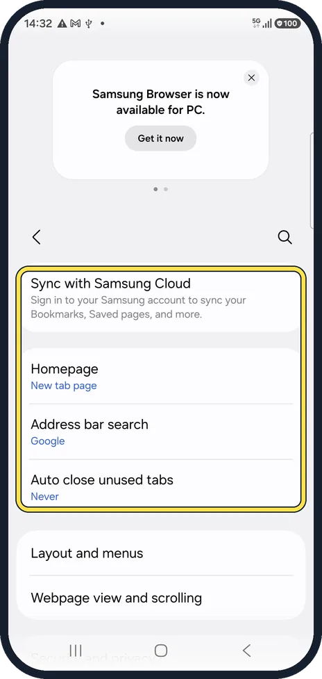 Android screenshot: Open the browser's own settings