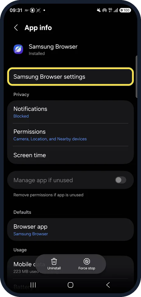 Android screenshot: Open the browser's own settings