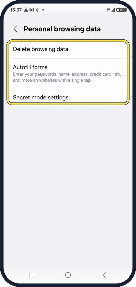 Android screenshot: Delete browsing data