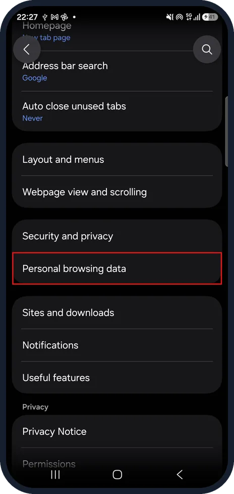 Android screenshot: Open Personal browsing data
