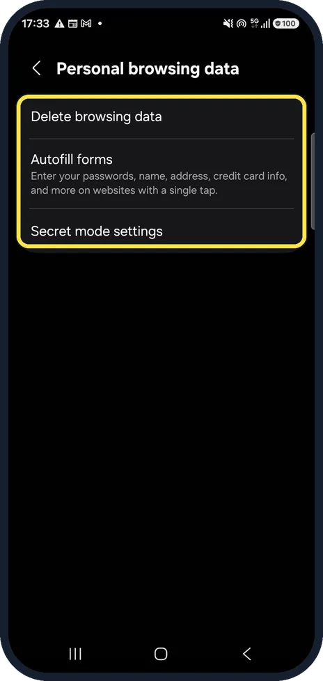 Android screenshot: Find Delete browsing data