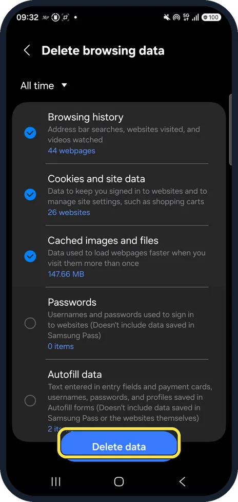Android screenshot: Choose what to delete