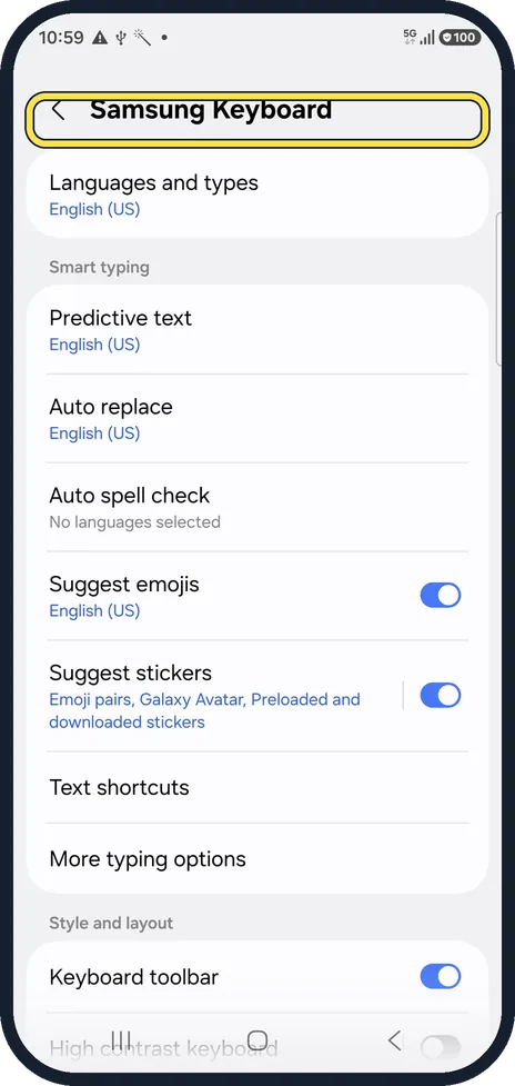 Android screenshot: Open Samsung Keyboard settings