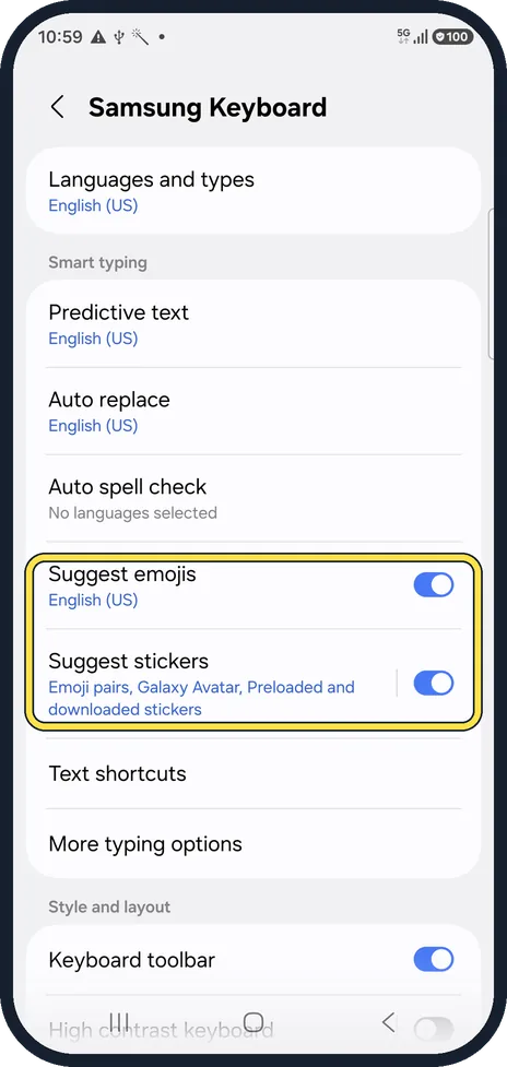 Android screenshot: Switch off the extra suggestions