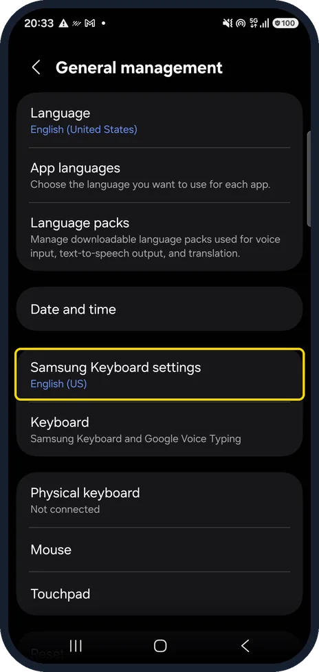 Android screenshot: Go to the Samsung Keyboard page