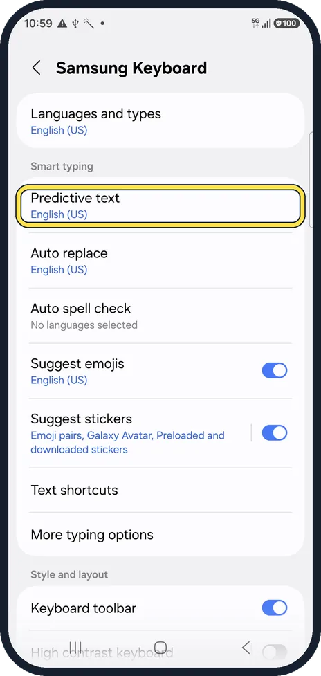 Android screenshot: Test without Predictive text