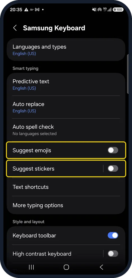 Android screenshot: Switch off the extra suggestions