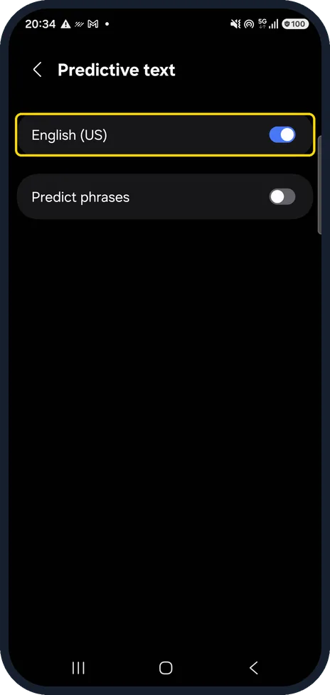 Android screenshot: Test without Predictive text