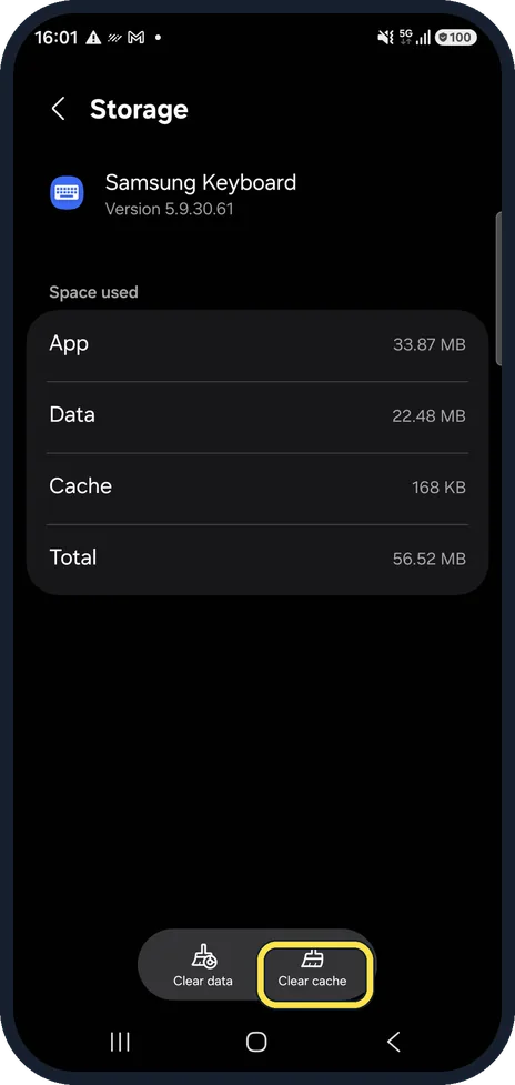 Android screenshot: Clear the keyboard's cache