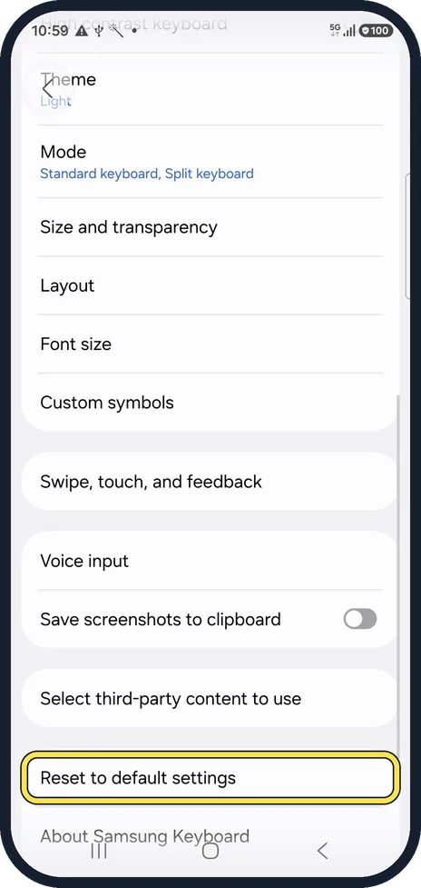 Android screenshot: Reset to default settings