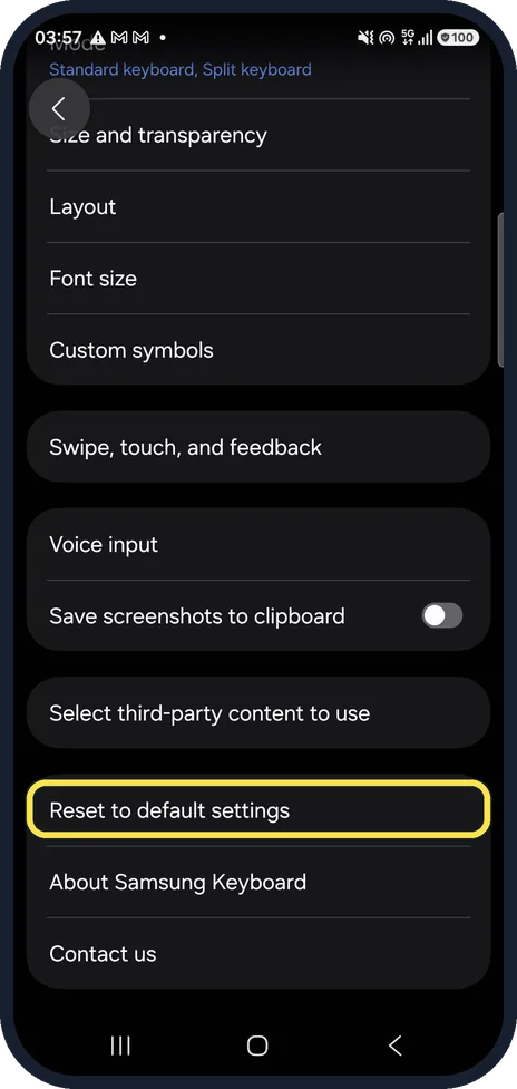 Android screenshot: Reset to default settings