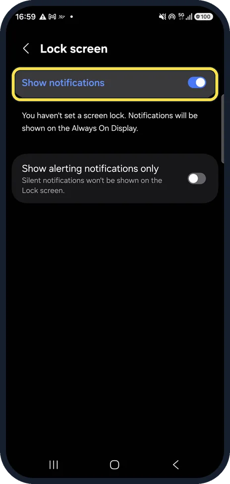 Android screenshot: Check Show notifications