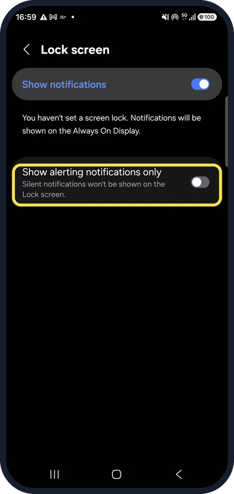 Android screenshot: Check Show alerting notifications only