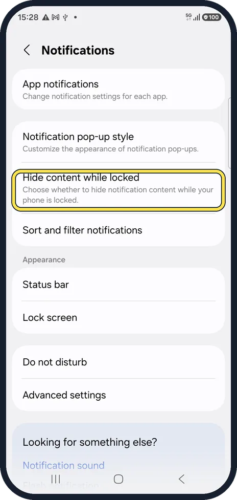 Android screenshot: Decide about Hide content while locked
