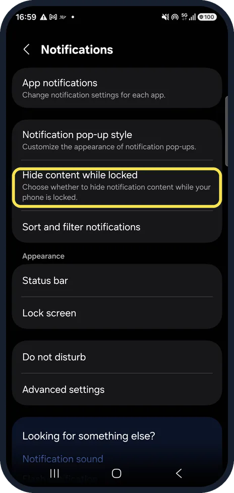 Android screenshot: Decide about Hide content while locked