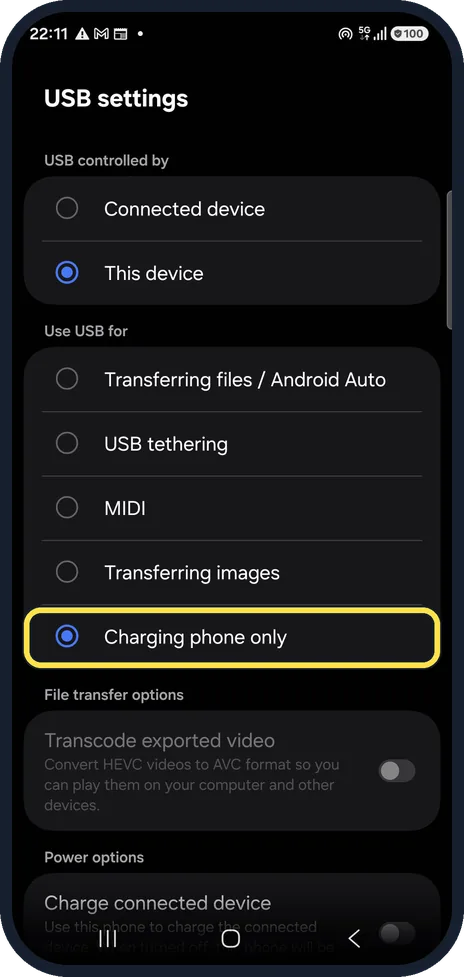 Android screenshot: Open USB settings
