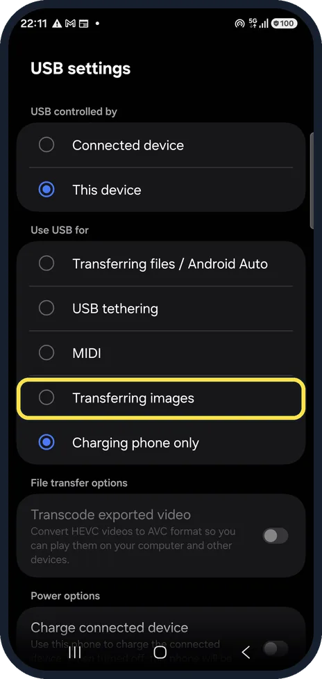Android screenshot: Photos only? Choose Transferring images